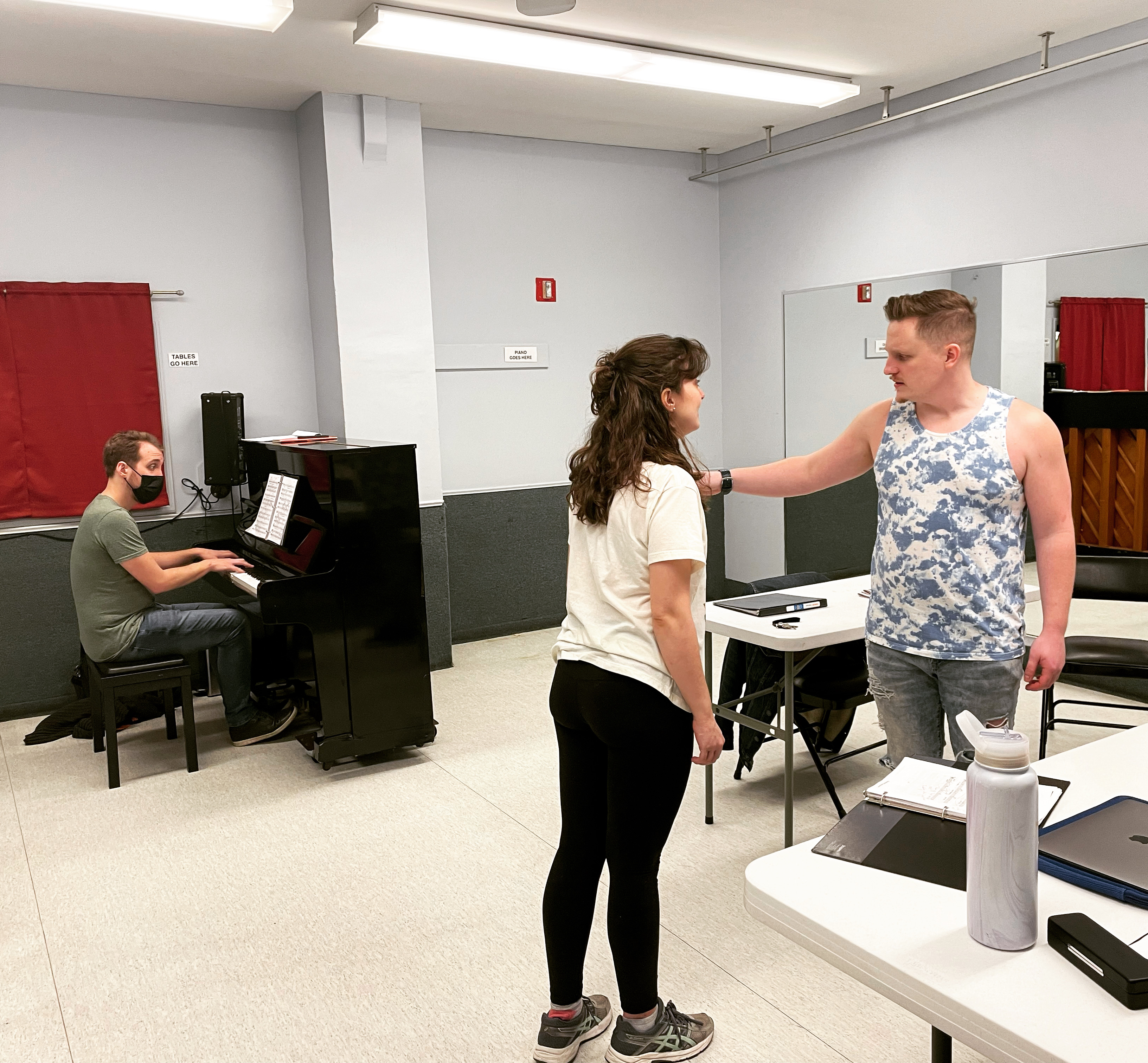 Music Director T.C. Kincer in rehearsal with Sarah Milnamow and Joshua Shea Coates for Limelight Theatre Company's 