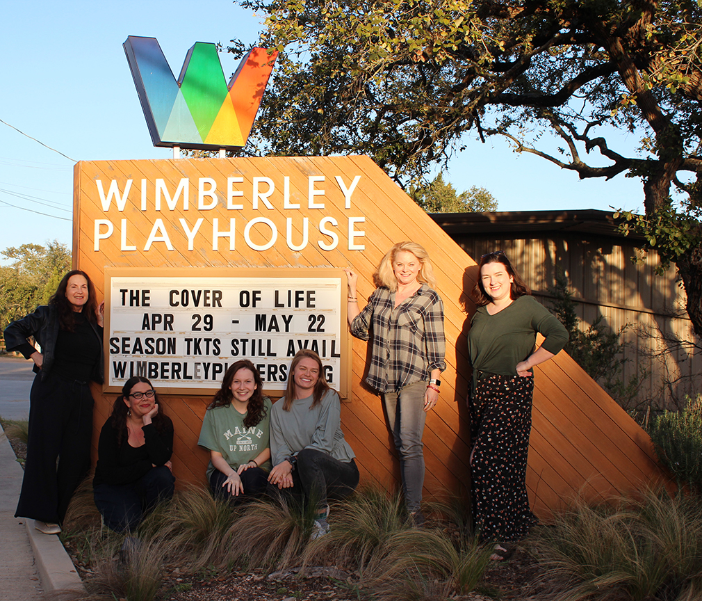 The women of THE COVER OF LIFE gather before rehearsal at the theatre to show off the marquee. Left to Right: Karen Rudy, Celeste Coburn, Lettie Dyer, Austin Strobel, Roxanne Strobel, and Meret Slover.