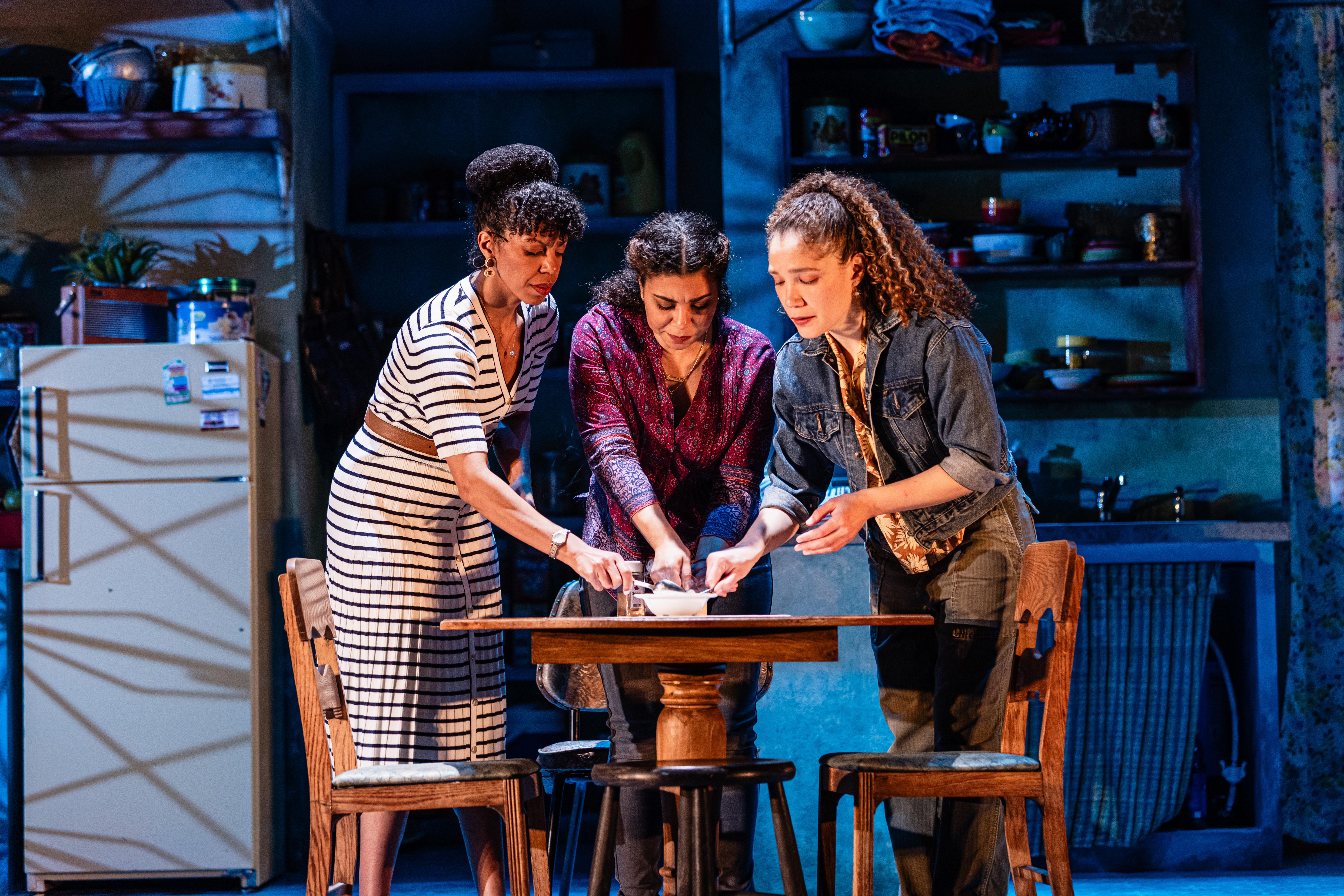 Yesenia Iglesias, Jessica Pimentel, and Evelyn Howe in The Huntington?s production of Ricardo P rez Gonz lez?s Don?t Eat the Mangos, directed by David Mendiz bal; photo by Marc J. Franklin. Running Ma