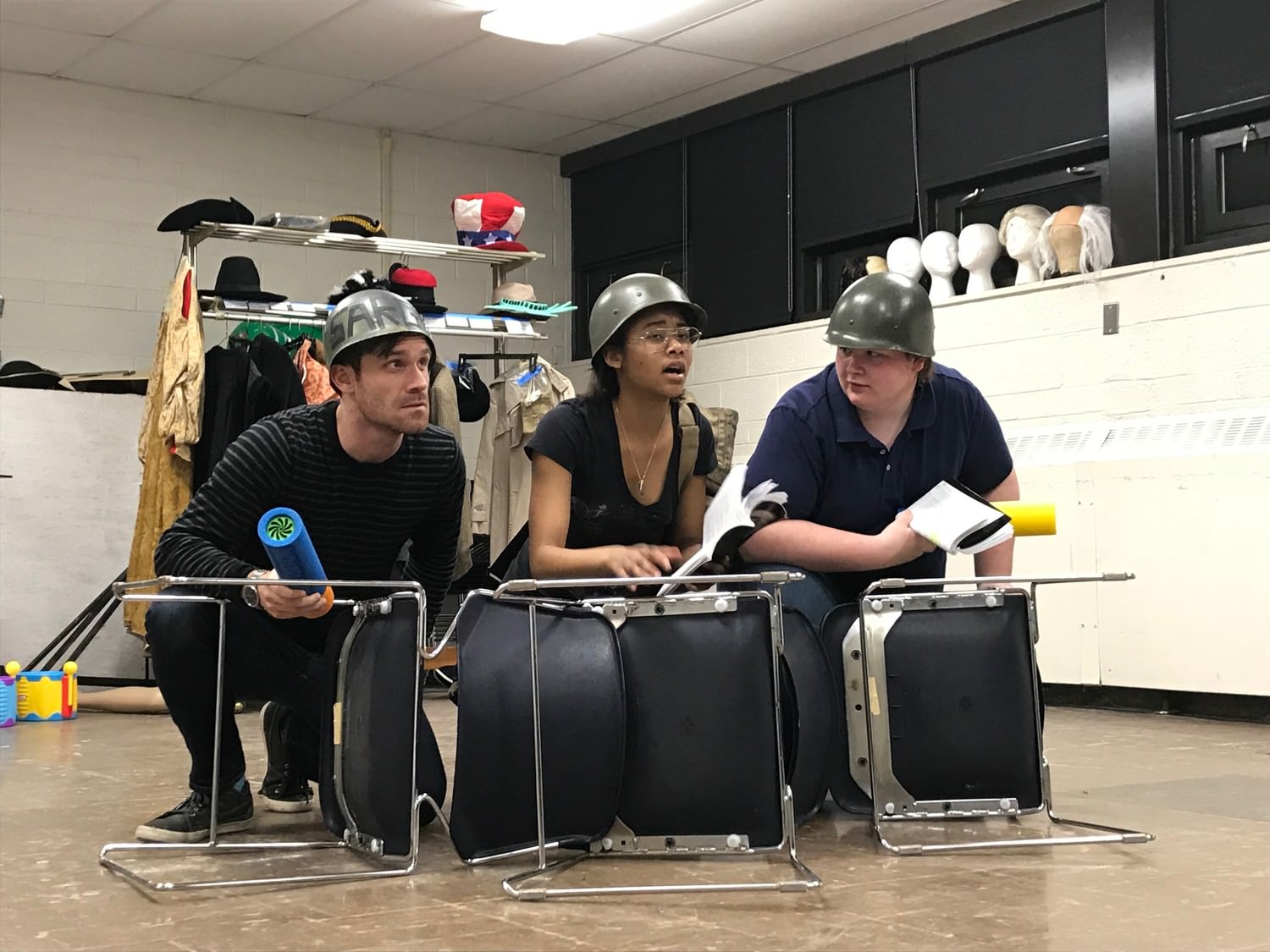From left to right: Andrew Papa, T'elay Forbes and Preston Cornelius rehearse Act Two of The Complete History of America (abridged) 1