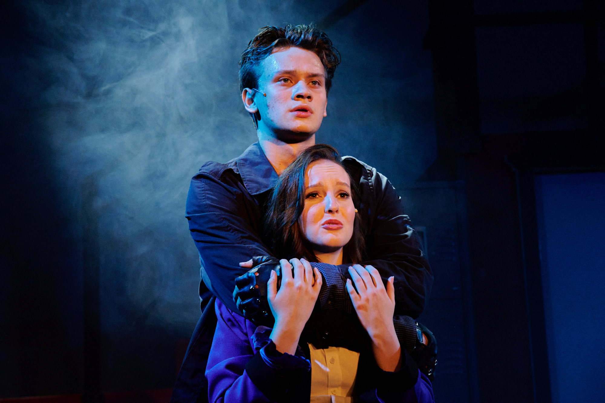 Noah Sucato and DJ Coon portray Jason Dean (JD) and Veronica Sawyer, respectively, in Scottsdale Desert Stages Theatre's 2022 production of Heathers the Musical: Teen Edition. 