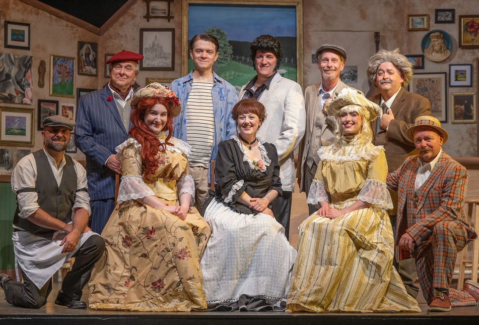 Here is the cast of CLT's Picasso at the Lapin Agile. From left in front are Jason Pelletier, Sophie Messina, Sarah Duncan, Bryce Smith, and Dan Kane. Standing are Roger Philippon, Brian Pfohl, Gerry Therrien, Chris Kuhlthau, and Tony Roy. The show runs June 15-25. https://www.laclt.com/picasso-at-lapin-agile-2023. Photo by DNA Photography. 