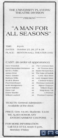 Seasons Ad: 1984 St. Louis UMSL Current News Ad listing Darryl Maximilian Robinson as Sir Thomas More in the University Players staging of A Man For All Seasons by Robert Bolt at Benton Hall Theater.