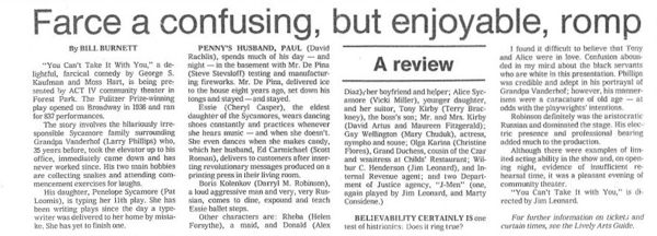 Yes, Russian!: Feb. 25, 1981 Pioneer Press Oak Leaves of Oak Park, Illinois theatre review of Darryl Maximilian Robinson as the Russian ballet instructor Boris Kolenkhov in You Cant Take It With You.