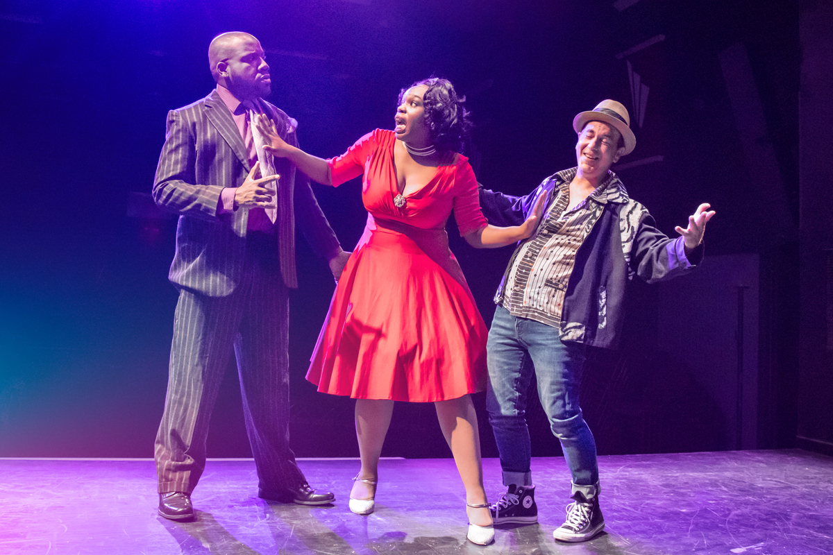 Charnell Williams (Felicia) breaks up an argument between her brother played by Chaz Cunningham (left) and Huey, the man she loves, played by Dan Clair (right) in Memphis the Musical opening September