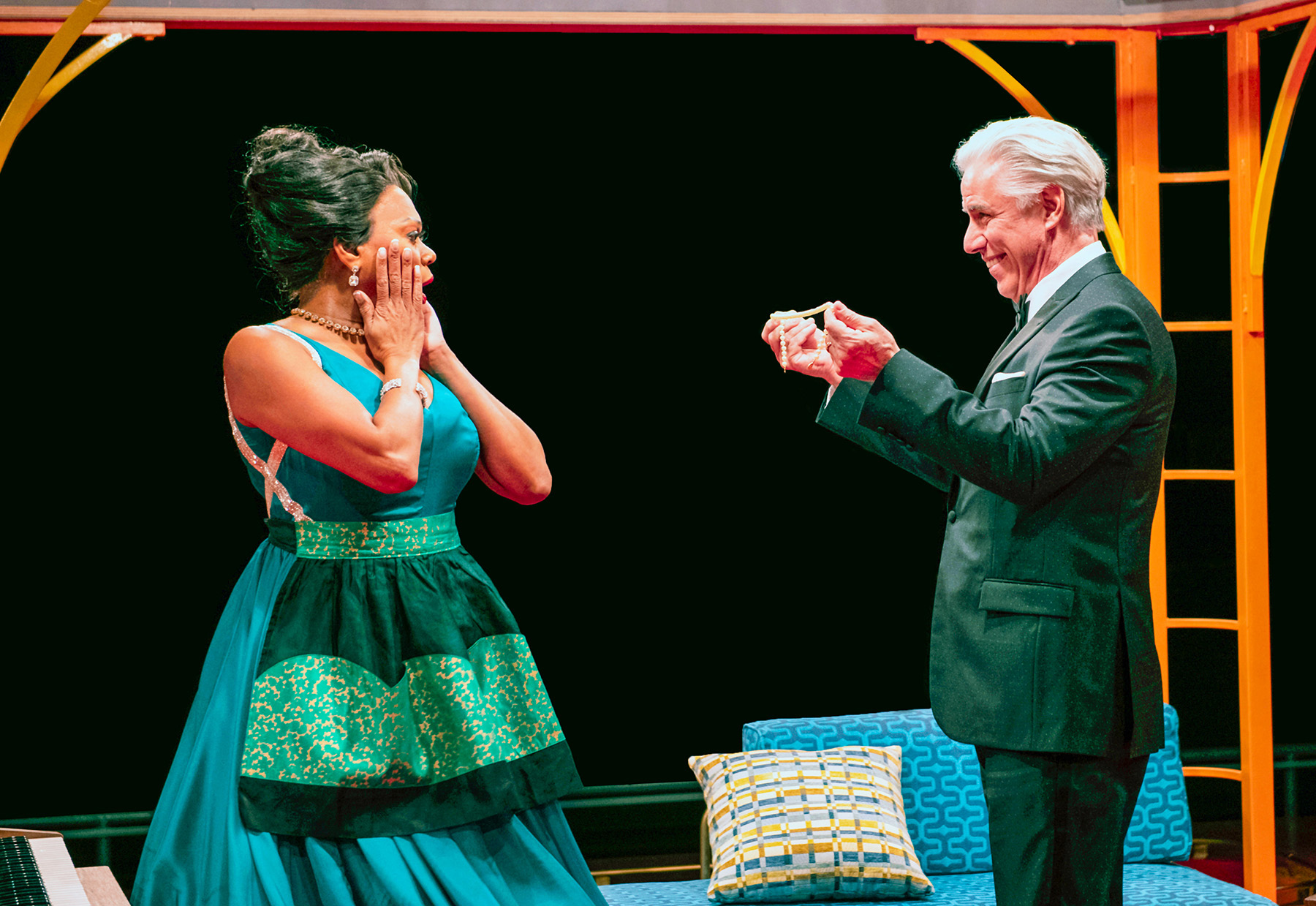 Stephanie Pope Lofgren (Paula Abagnale) and Jeff McCarthy (Frank Abagnale, Sr.) in Catch Me If You Can running March 4 through April 17 at Arena Stage at the Mead Center for American Theater. Photo by Margot Schulman.