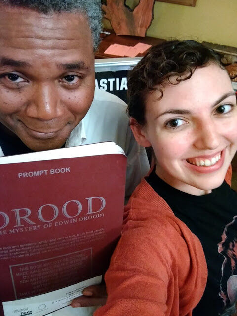 An Award-Nominated 'Drood' Dynamic Duo Rehearses!: Actor Darryl Maximilian Robinson, who appeared as The Chairman Mr. William Cartwright and Mayor Thomas Sapsea, and Actress Sarah Myers, who appeared as Edwin Drood and Miss Alice Nutting both received a 2019 Broadwayworld Chicago Award nomination for Best Performer In A Musical or Revue for their performances in the 2018 Saint Sebastian Players of Chicago Revival of Rupert Holmes' Tony Award-winning Best Musical Whodunit 'The Mystery of Edwin Drood'. Photo by Ms. Myers.