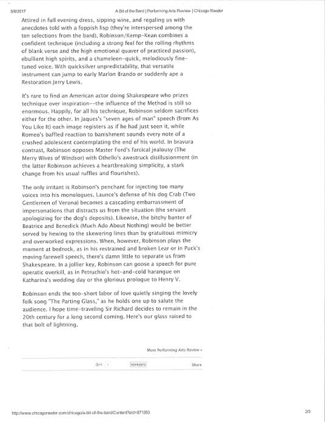 Chi Bard Review 2: Part Two of a Oct. 22, 1987 Chicago Reader notice of Darryl Maximilian Robinson as Sir Richard Drury Kemp-Kean in A Bit of the Bard at The Red Lion Pub in The Windy City.
