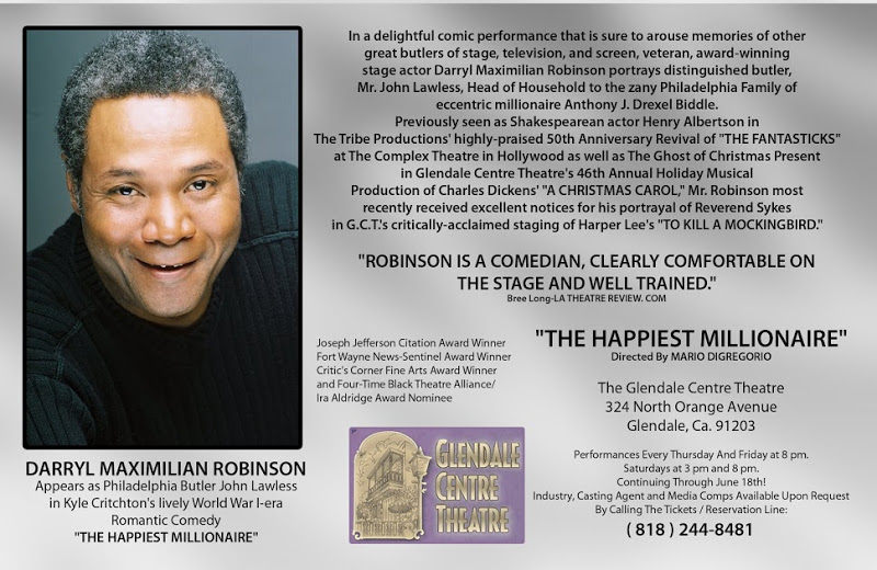 A Domestic Role: Zed Promo Card of Darryl Maximilian Robinson as The Butler John Lawless in the Glendale Centre Theatre of Glendale, CA 2011 revival of The Happiest Millionaire by Kyle Crichton.