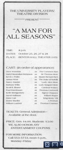 Show Card: 1984 University Players of UMSL Ad of African-American actor Darryl Maximilian Robinson as Sir Thomas More in the staging of the Robert Bolt play A Man For All Seasons.