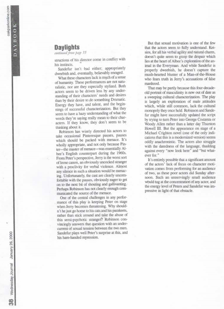 Harrison Zoo 2: Part Two of Jan. 26, 2000 Wednesday Journal of Oak Park notice of The ESC Zoo Story directed by Darryl Maximilian Robinson at Harrison Street Galleries Studio Theatre.