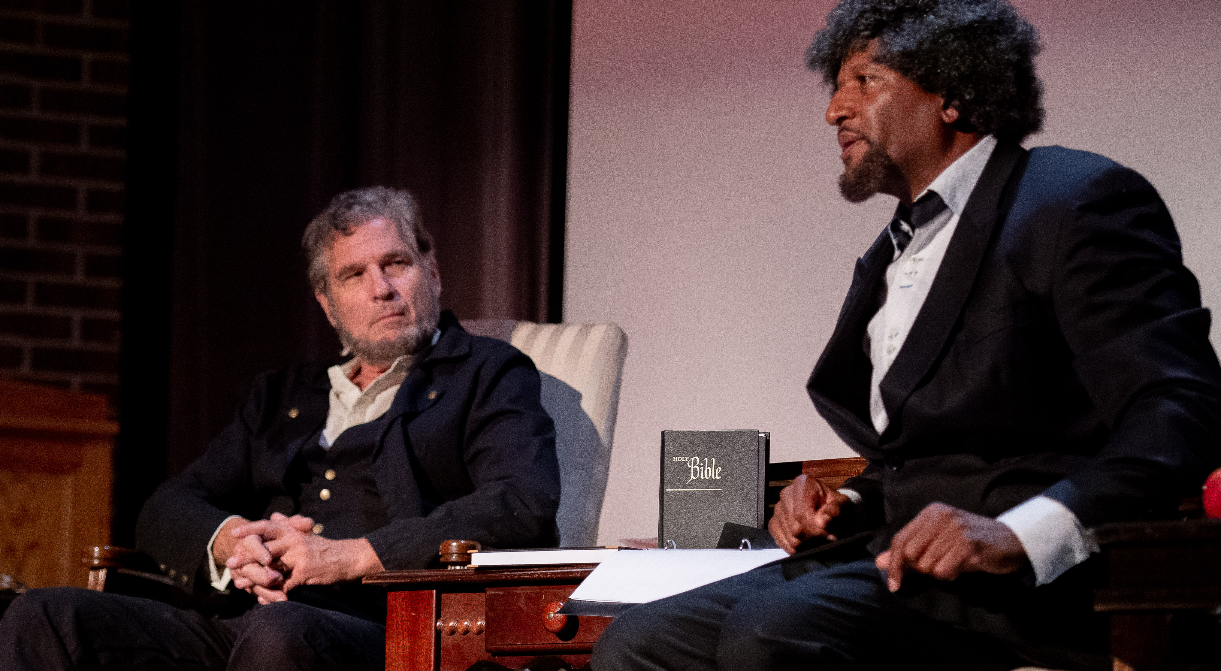 Doug Miron as Abraham Lincoln and Steffon Sharpless as Frederick Douglass in The Douglass-Lincoln Debates.