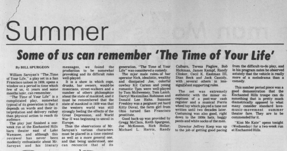 A 1981 Review of A William Saroyan Classic!: Here is a theatre notice by Bill Spurgeon of The Mail-Journal of Syracuse, Indiana of Darryl Maximilian Robinson as Kit Carson in The Time of Your Life.