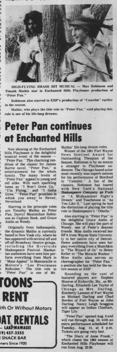 Hook vs. Pan: 1984 News Story on Darryl Maximilian Robinson as Captain Hook and Timothy Mathis as Peter Pan in the Enchanted Hills Playhouse of Syracuse, Indiana musical revival of Peter Pan.