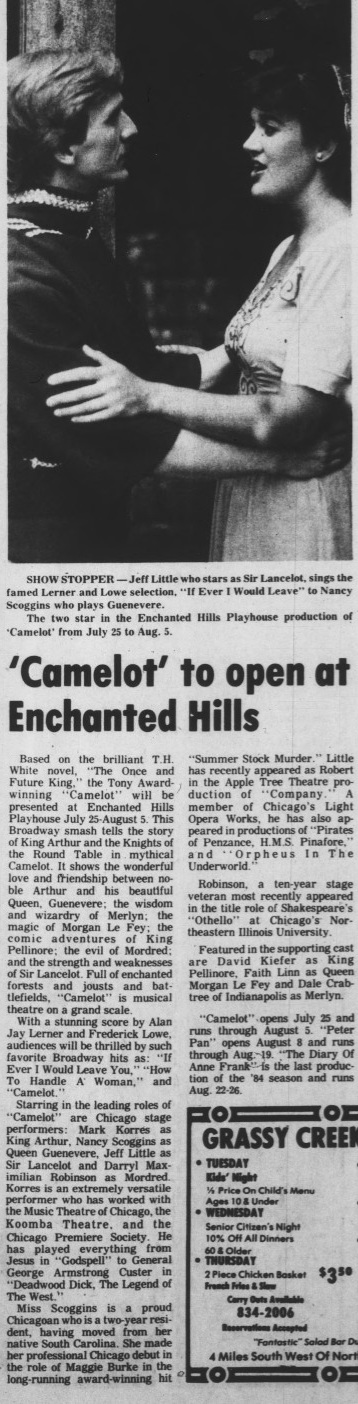The End of The Table: July 1984 Press Story on Darryl Maximilian Robinson as Mordred in The Enchanted Hills Playhouse of Syracuse, Indiana revival of the Lerner and Lowe musical classic Camelot.