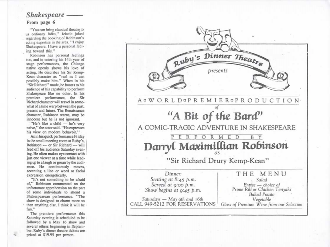 Vail Bard News 2: Part Two of a May 8, 1987 Vail Daily Feature Story on Darryl Maximilian Robinson and the World Premiere of his one-man show of Shakespeare A Bit of the Bard at Rubys in Eagle-Vail.