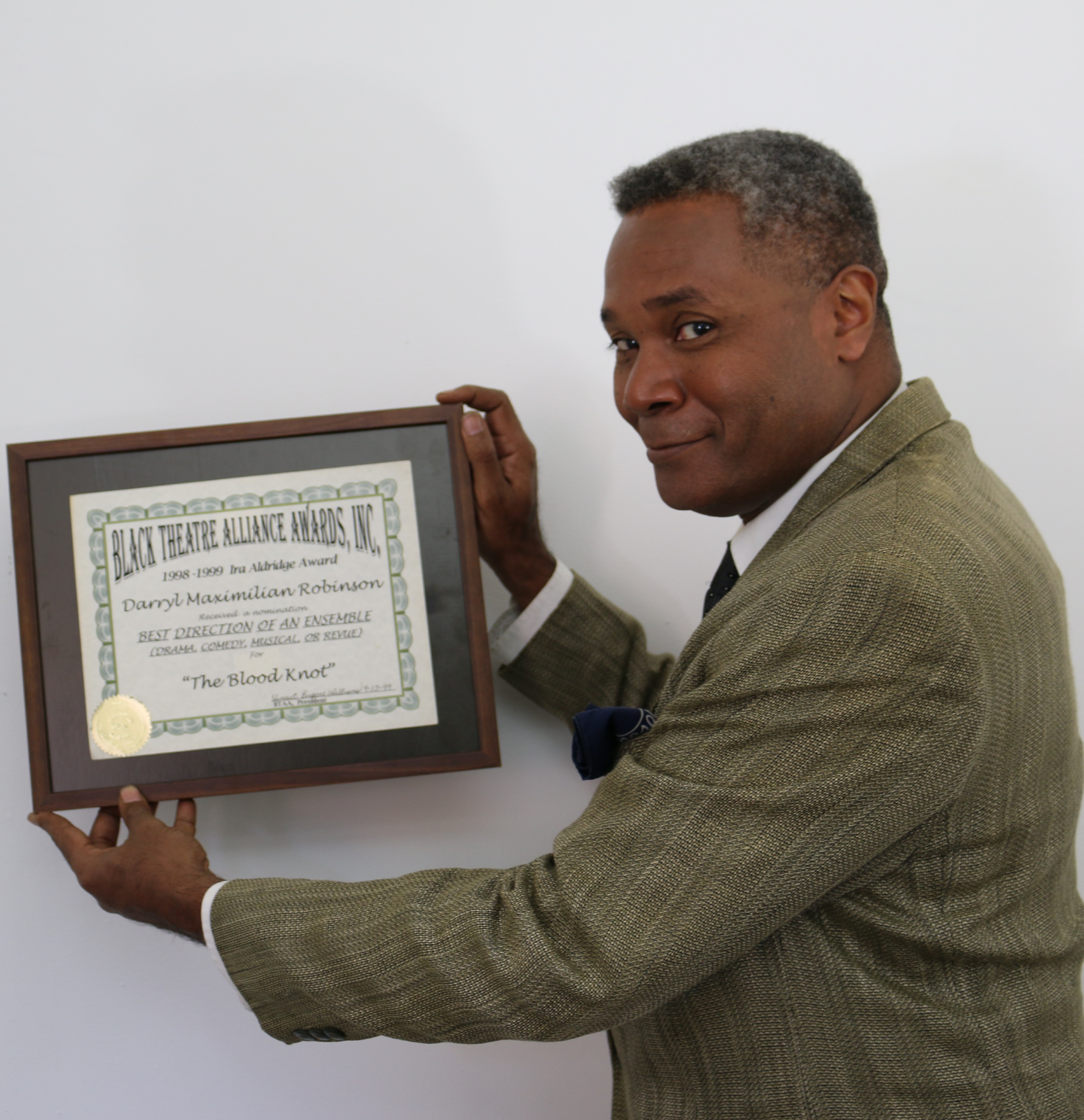 Blood Knot Nod 2: Darryl Maximilian Robinson shows his 1999 Chicago Black Theatre Alliance / Ira Aldridge Award nomination for Best Direction of An Ensemble for the Athol Fugard play The Blood Knot.