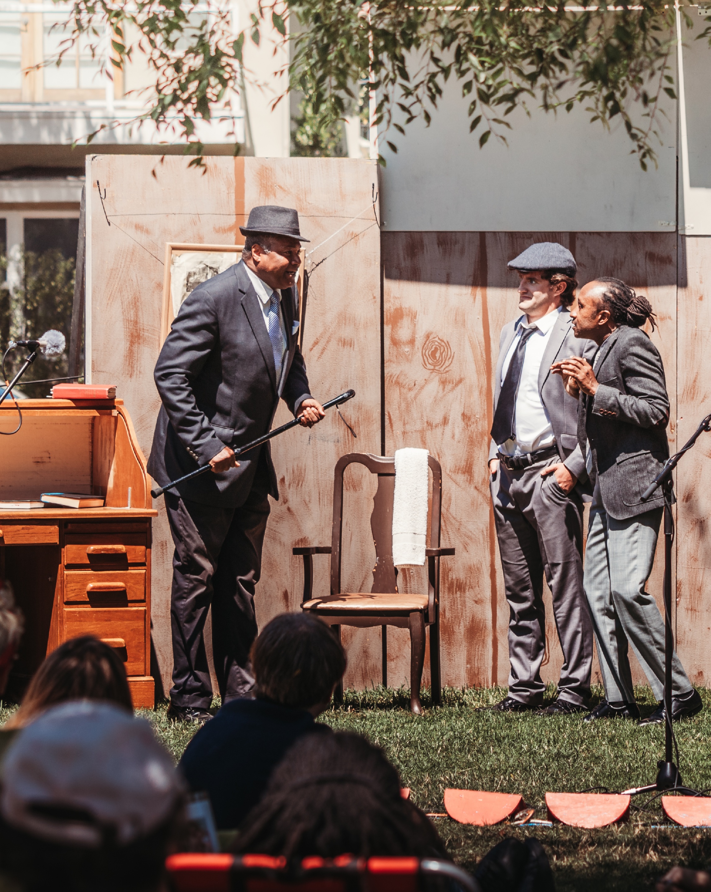 Get Your Own News!: Darryl Maximilian Robinson as Bensinger has no tips for Rory McLaverty as Schwartz and Roderick Walker as Murphy in The CCPT revival of THE FRONT PAGE.