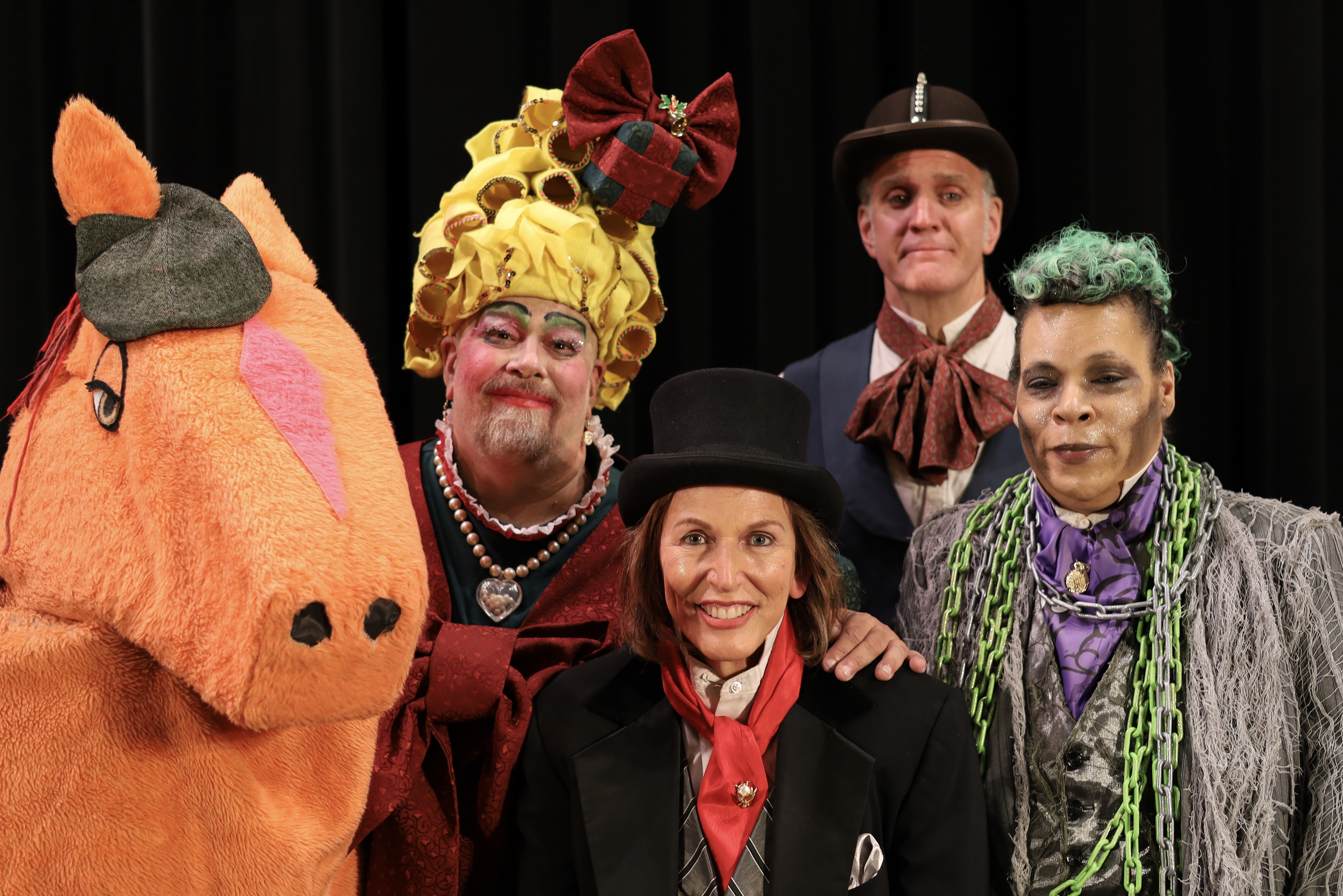 Panto Horse, Mark Silver as Joy, Kathleen Poe as Scrooge, Ted Muhlhauser as Bob Cratchit, Sarah Palmero as Marley. Photo by Lori Ann DeLappe-Grondin