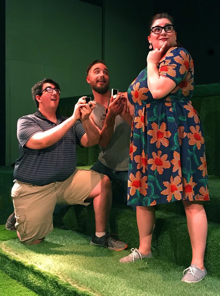 Helena (Tahrea Maynard) is confronted by two bewitched suitors Demetrius (Mark Hale - left) and Lysander (Benjamin Turner). What ever shall a fair maiden do? 