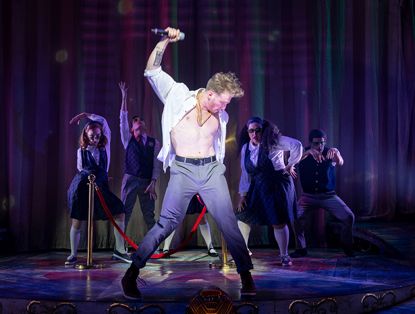 (l to r) Shinah Hey (Ocean O’Connell Rosenberg), Nick Martinez (Noel Gruber), Eli Mayer (Mischa Bachinski), Gabrielle Dominique (Constance Blackwood), and Matthew Boyd Snyder (Ricky Potts) in Ride the Cyclone running January 13 through February 19 at Arena Stage at the Mead Center for American Theater. Photo by Margot Schulman.