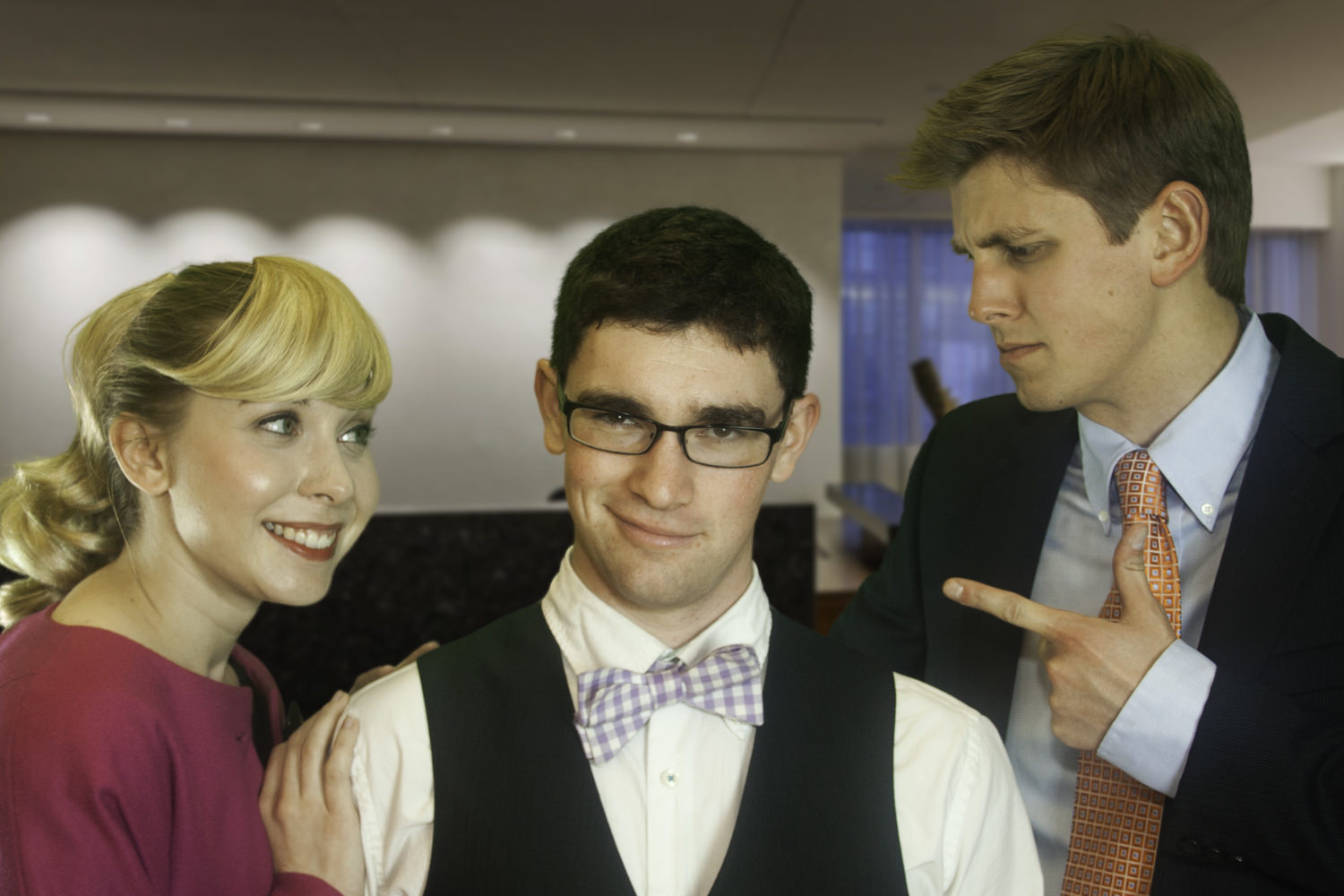 Left to right, Rosemary Pilkington (Lindsay Schulz), J. Pierrepont Finch (Gary Craig Schoenfeld), and Bud Frump (Mike Meadors) ( Photo: Michael Lodick )