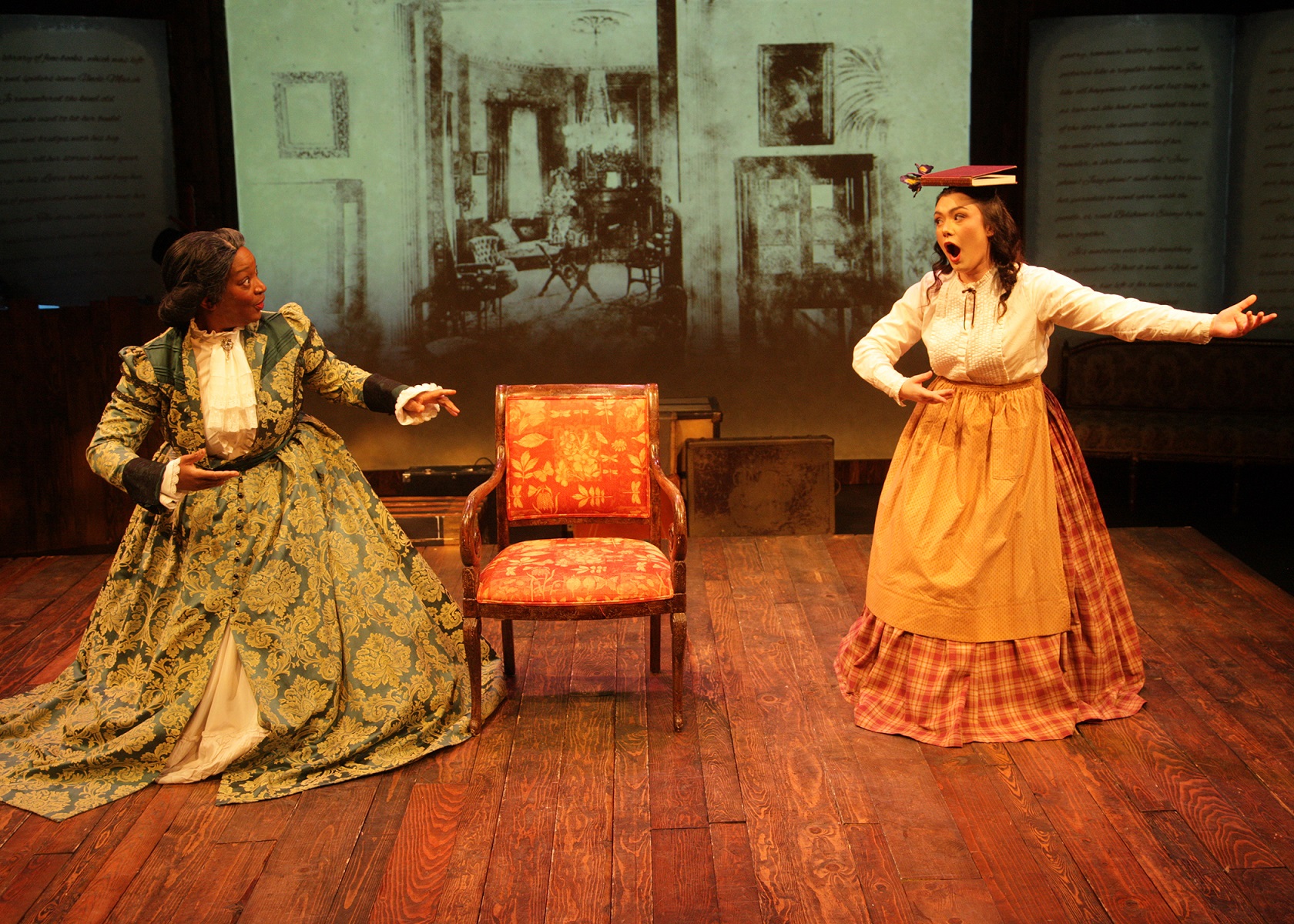 Jennifer Sparks as Aunt March and Sarah Pierce as Jo March Chance Theater's production of 