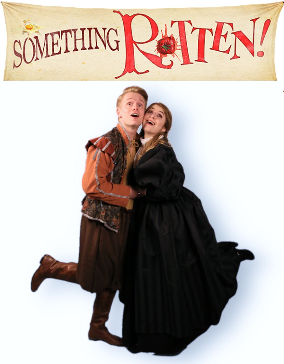 “Something Rotten!” presented by Theatre Nebula featuring (left to right) Joe Lewis (Nigel Bottom) and Mary Margaret McCormick (Portia).