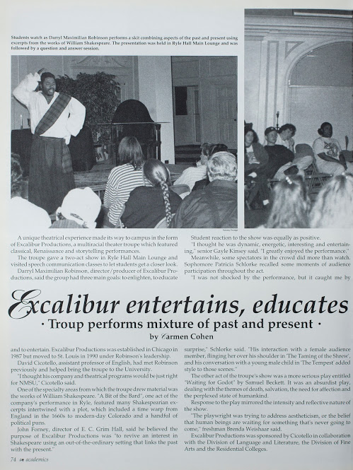 Bard On Campus 1: Part One of 93/94 Northeast Missouri State University Yearbook Story on Darryl Maximilian Robinson in his one-man show of Shakespeare A Bit of the Bard at Ryle Hall.