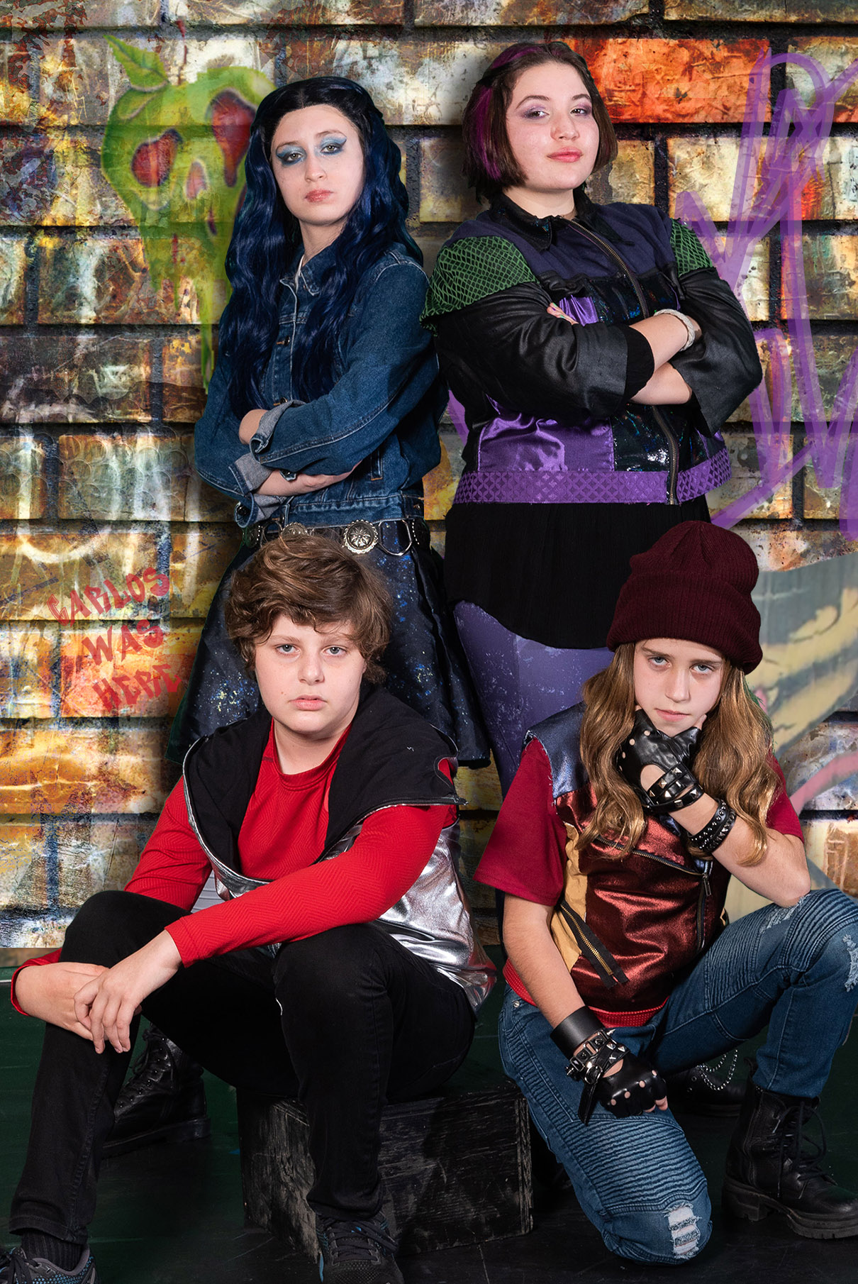 The children of four of the most evil Disney villains (clockwise from top right, Alyssa Yee (Cupertino), Jack Pagan (Sunnyvale), Gloria Copeland (Mountain View), Sam Bergmann (Palo Alto)) travel to Auradon to mix with princes and princesses in Disney's Descendants.