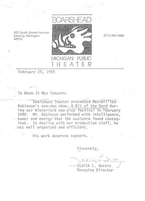 Boarshead Reference: Darryl Maximilian Robinson shares a Feb. 24, 1989 Letter of Reference from The Boarshead Theatre regarding the production of his one-man show A Bit of the Bard.