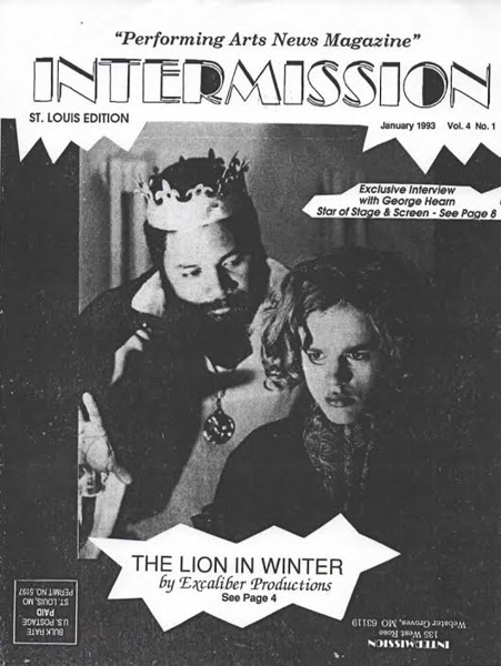 Nearly 20 years before making his national television debut as Drake in Adult Swim's 'Loiter Squad', Darryl Maximilian Robinson produced, directed and starred in multiracial cast stagings of plays in St. Louis, Missouri. Seen here on the Jan. 1993 cover of the performing arts news magazine Intermission are Director Darryl Maximilian Robinson as King Henry II and Phillip Watt as Prince John in the 1992-1993 Excaliber Productions, Ltd. multiracial cast revival of James Goldman's 'The Lion In Winter' which was staged at St. Louis' then-popular Wabash Triangle Cafe. Photo by Carl Valle.
