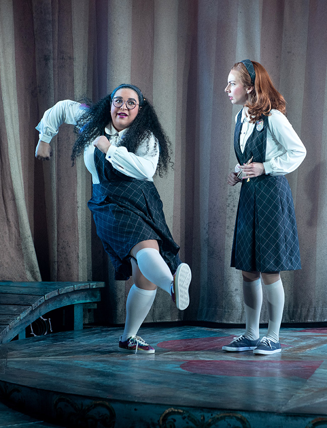 (l to r) Gabrielle Dominique (Constance Blackwood) and Shinah Hey (Ocean O’Connell Rosenberg) in Ride the Cyclone running January 13 through February 19 at Arena Stage at the Mead Center for American Theater. Photo by Margot Schulman.
