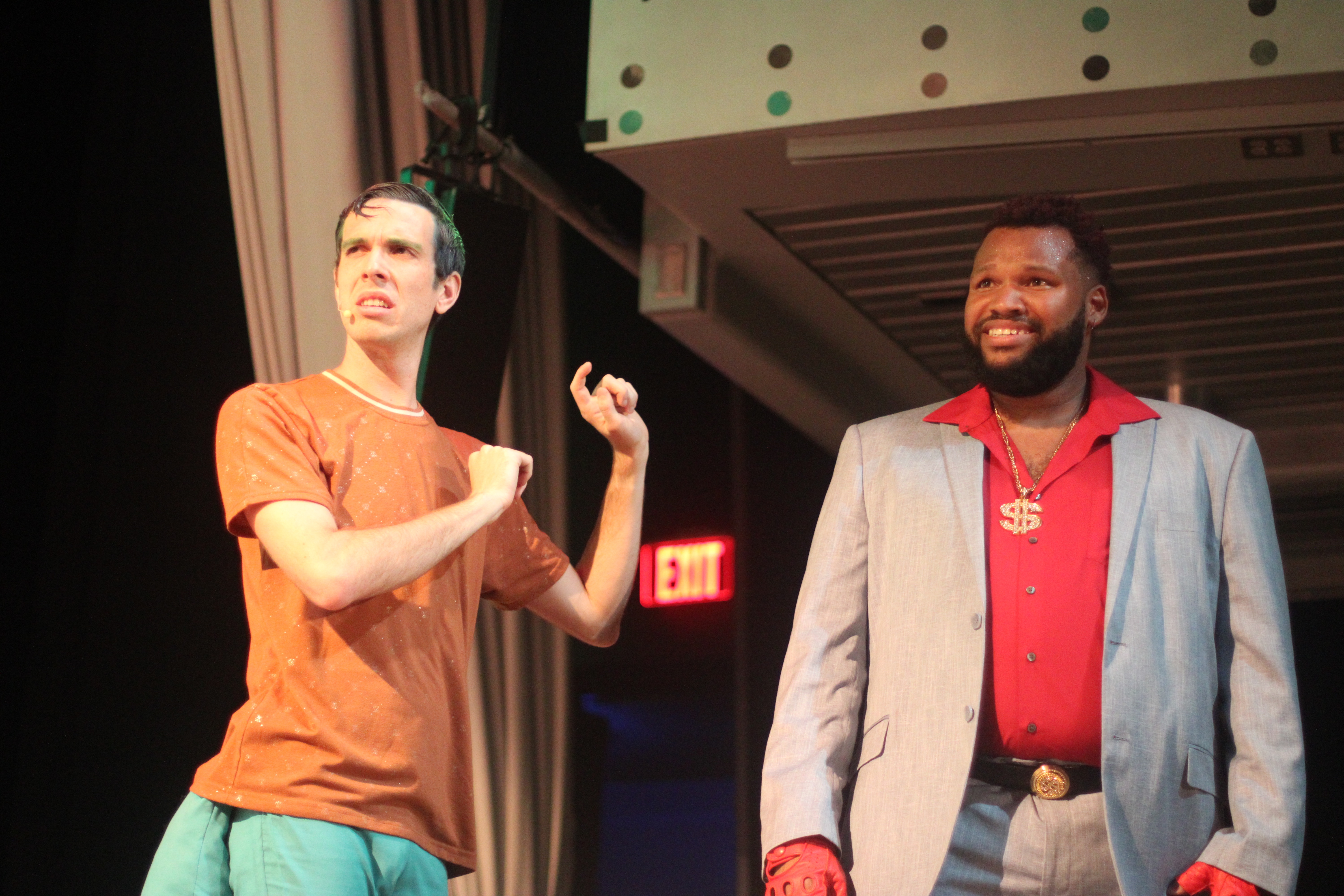 Pery Salyer as Squidward Q. Tentacles and Christian Inirio as Eugene Krabs (photo by Bee Pruitt, courtesy of Celebration Theatre Company)