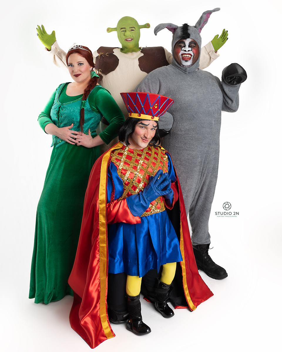 Clockwise from left: Princess Fiona (Sarah Connor of East Montpelier/Winooski), Shrek (Ry Poulin of Winooski), Donkey (Izzy Gilbert of Burlington) and Lord Farquaad (Sean Reeks of Williston) star in Lyric Theatre Company's 