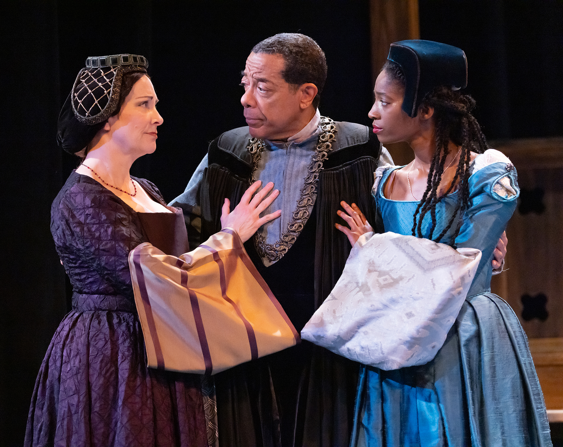 Mary Elizabeth Scallen, Frank X, and Morgan Charéce Hall in Lantern Theater Company's production of A MAN FOR ALL SEASONS. Photo by Mark Garvin.