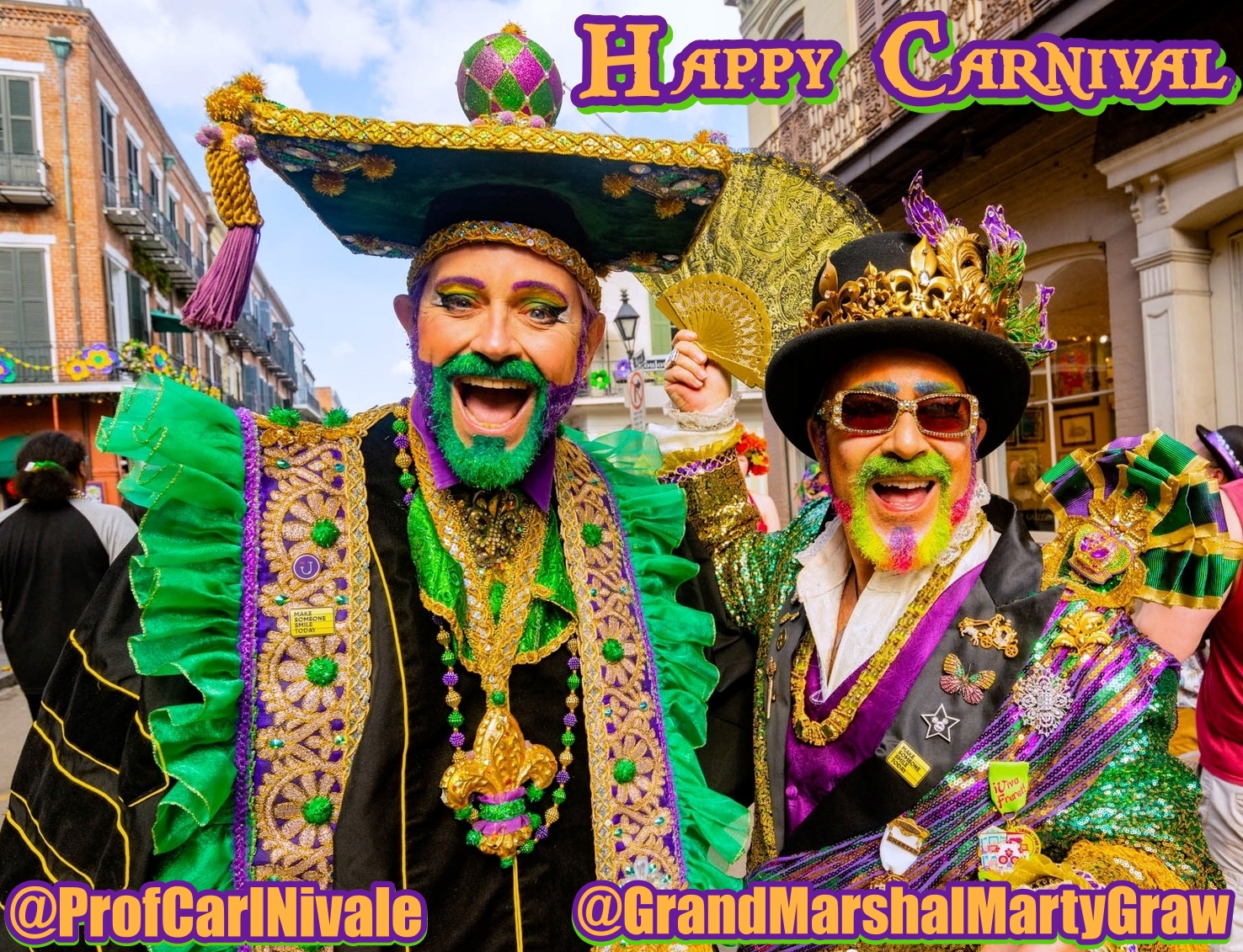 Professor Carl Nivale and Grand Marshal Marty Graw in the thick of Carnival Revelry.