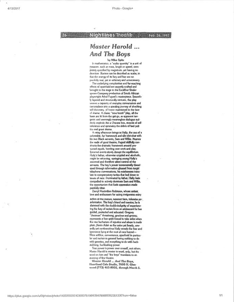 A Fugard Review: Feb. 26, Chicago Nightlights Theatre notice of Director Darryl Maximilian Robinson as Sam Semela in Master Harold And The Boys by Athol Fugard at The Heartland Cafe Studio.