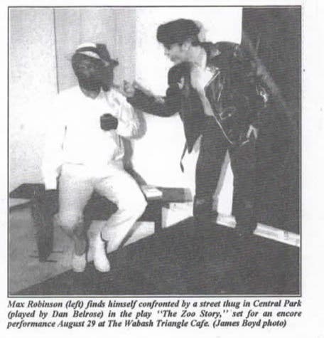 In The Zoo: Director Darryl Maximilian Robinson as Peter and Danny Belrose as Jerry in the 1993 Excaliber Productions, Ltd St. Louis show The Zoo Story by Edward Albee at Cummels Cafe Studio Theatre.