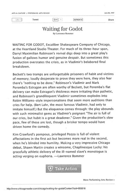 A Beckett Review: June 5, 1997 notice of The ESC of Chicago revival of Waiting For Godot directed by Darryl Maximilian Robinson at The Heartland Cafe Studio Theatre in Chicago.
