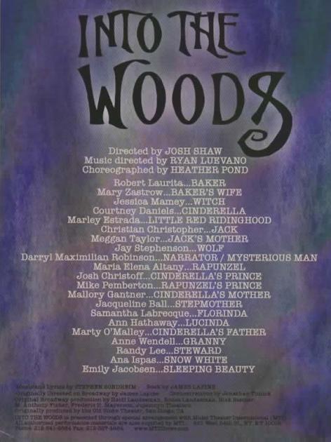 A Talented Cast & Crew: 2014 Burbank Community Theater Showcard Listing of Darryl Maximilian Robinson as The Narrator and The Mysterious Man and others in Into The Woods at The Hall of Liberty in LA.