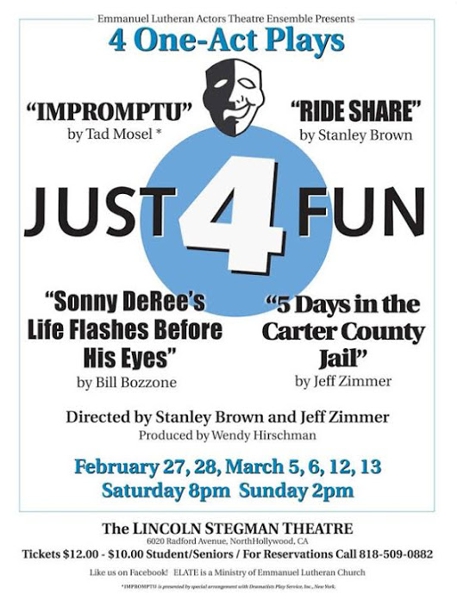 4 One-acts: Impromptu with Darryl Maximilian Robinson, Casey Krubiner, Joey Trezise and Lucy Krubiner was one of four lively short works staged at The Lincoln Stegman Theatre in North Hollywood.