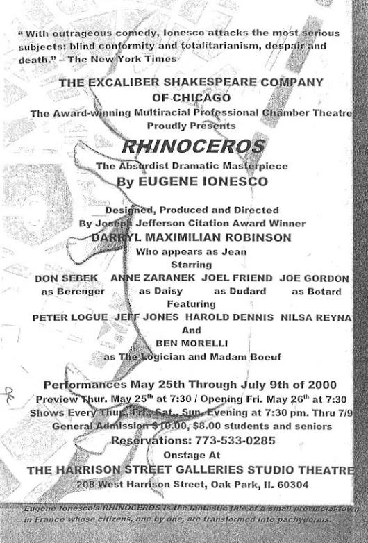 Rhinoceros Program: The Playbill Cover of the 2000 Excaliber Shakespeare Company of Chicago revival of The Rhinoceros by Eugene Ionesco and directed by Darryl Maximilian Robinson in Oak Park, IL.