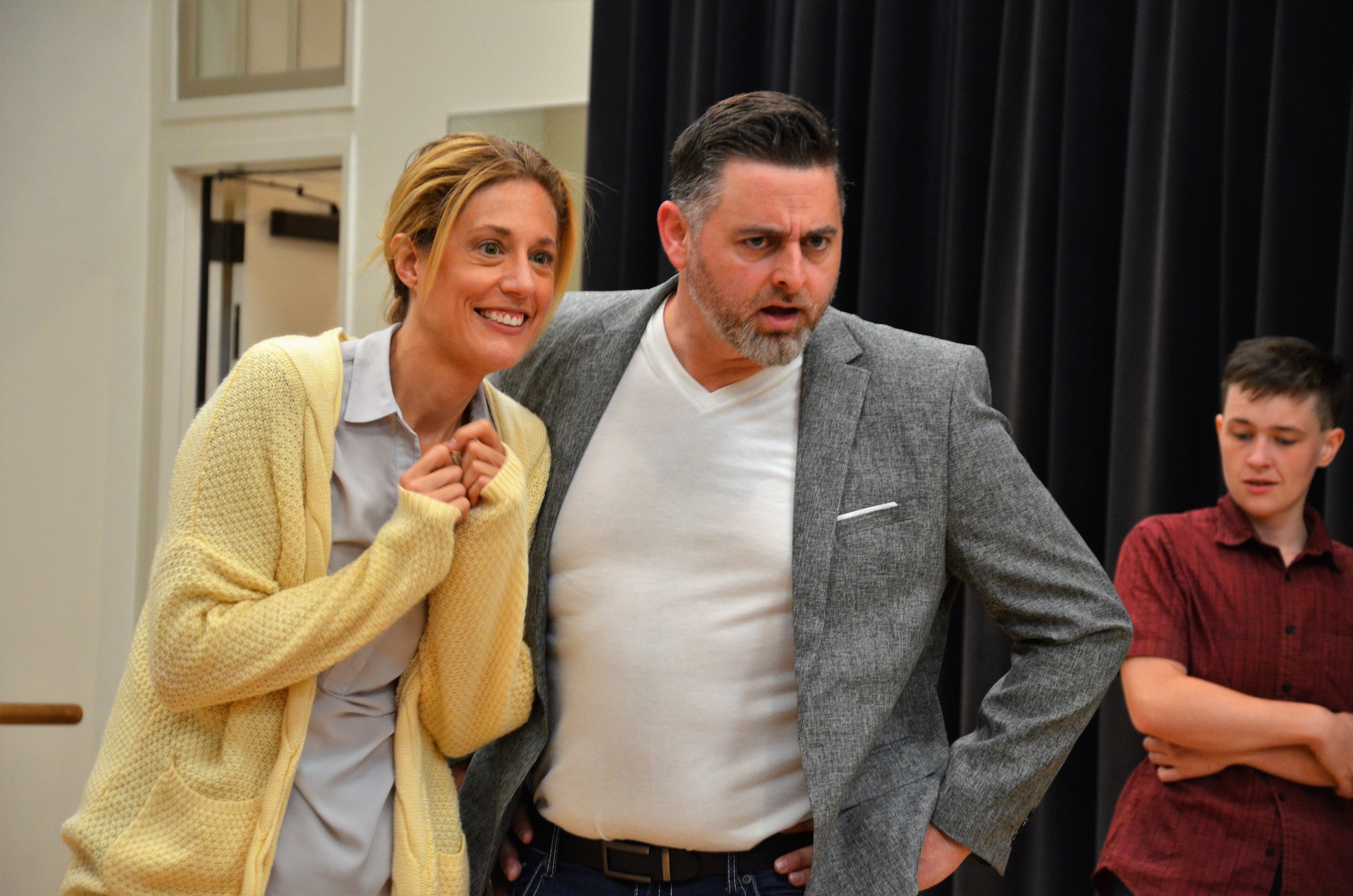 Performers (left to right) Melanie Simmons, Jason Christ, and Xenon Winslow as a bewildered family unit. Rehearsal photo by Stephanie Turner.