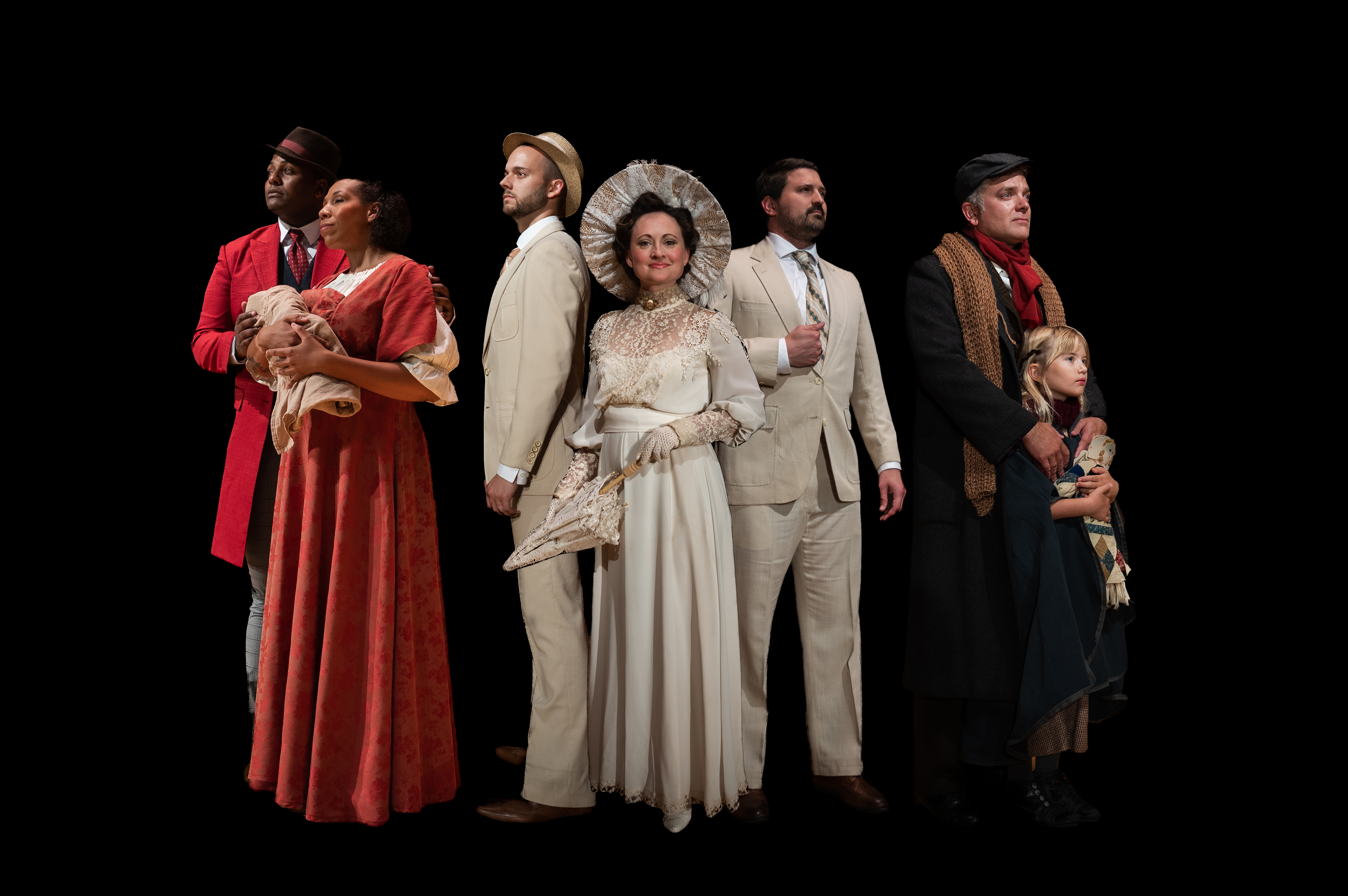 Some of the cast of Servant Stage's production of RAGTIME. L-R Joshua William Green (Coalhouse), Kylie Jo Smith (Sarah), Tyler Hoover (Little Brother), Sarah Zahn (Mother), David Diehl (Father), Andrew Zahn (Tateh), Kate Zahn (Little Girl)