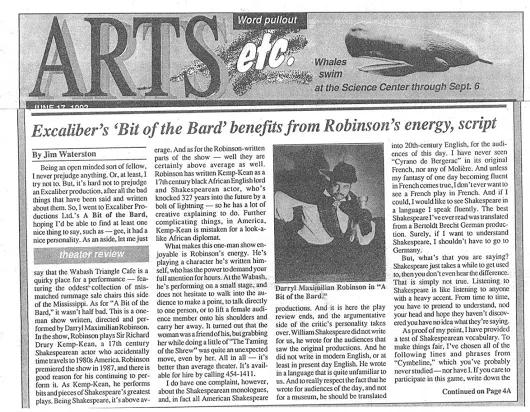 Bard At Wabash: June 17, 1993 West End Word of St. Louis, Mo. notice of Darryl Maximilian Robinson as Sir Richard Drury Kemp-Kean in his one-man show A Bit of the Bard at The Wabash Triangle Cafe.