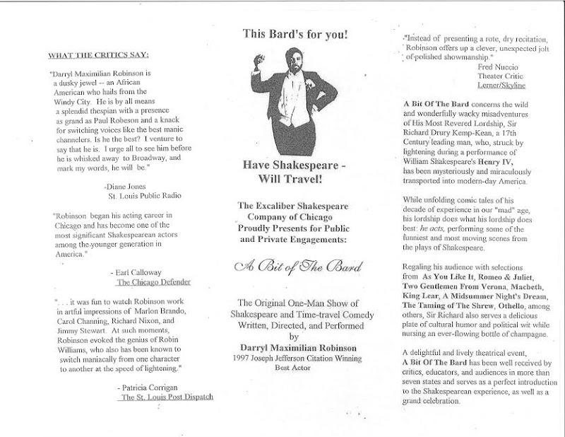 Promotion of Bard On Tour: 1997 Excaliber Shakespeare Company Promo Card of Darryl Maximilian Robinson in his original one-man show of Shakespeare and time-travel comedy A Bit of the Bard.