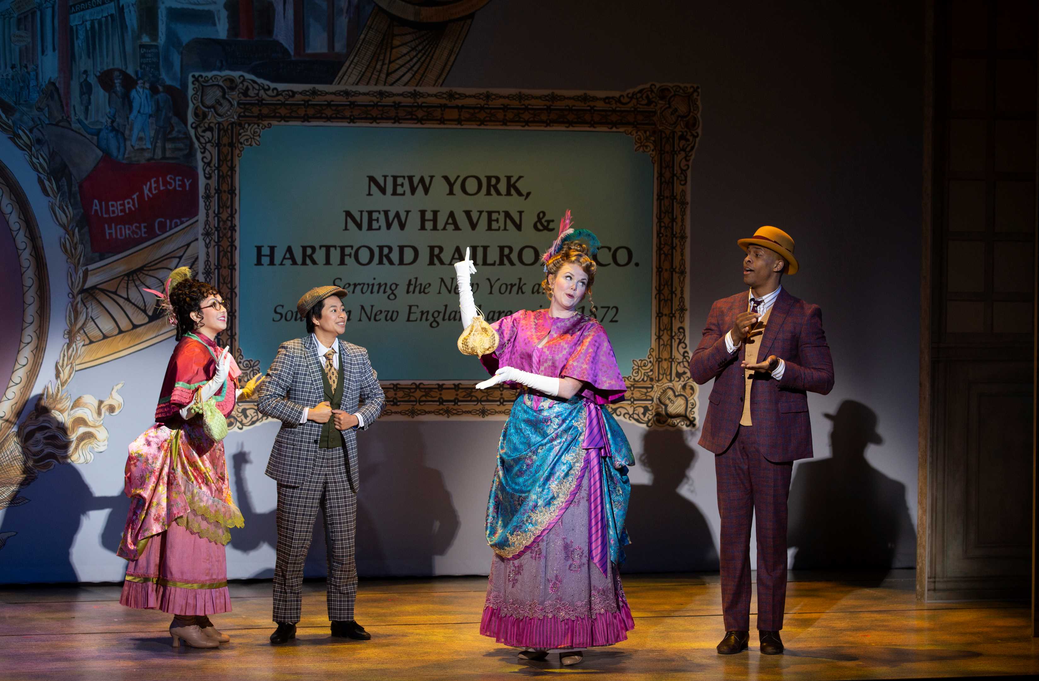 Sarah “SG” Garcia, Rhys Daly, Jessica Skerritt, and Markcus Blair in Hello, Dolly! at Village Theatre. Photo by Angela Sterling (2023).