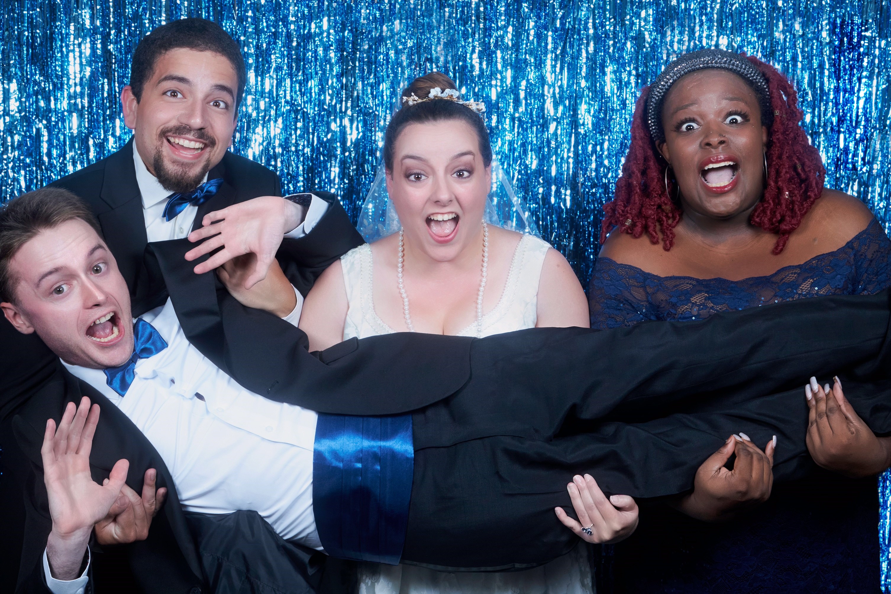 The Wedding Party: Best Man, Greg (David Villa); The Bride, Rebecca (Danielle Pennisi); and Co-Maid of Honor, Annie (Melyssa Searcy) give a lift to the Groom, Brian (Joshua Switala).
Photo credit: Chris Hietikko Photography – www.chrishietikkophotography.com
