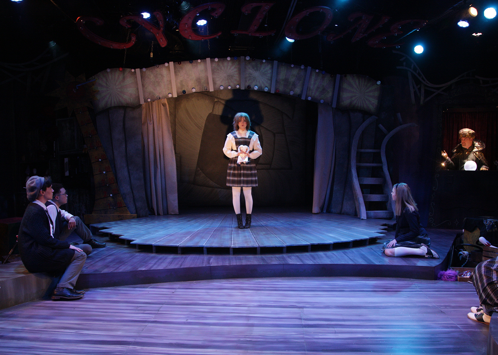 Wyatt Hatfield as Noel Gruber, Jaylen Baham as Ricky Potts, Em Flosi as Jane Doe, Haley Wolff as Ocean O'Connell Rosenberg, and Robert Foran as The Amazing Karnak in Chance Theater's California premiere production of Wyatt Hatfield as Noel Gruber, Jaylen Baham as Ricky Potts, Em Flosi as Jane Doe, Haley Wolff as Ocean O'Connell Rosenberg, and Robert Foran as The Amazing Karnak in Chance Theater's California premiere production of